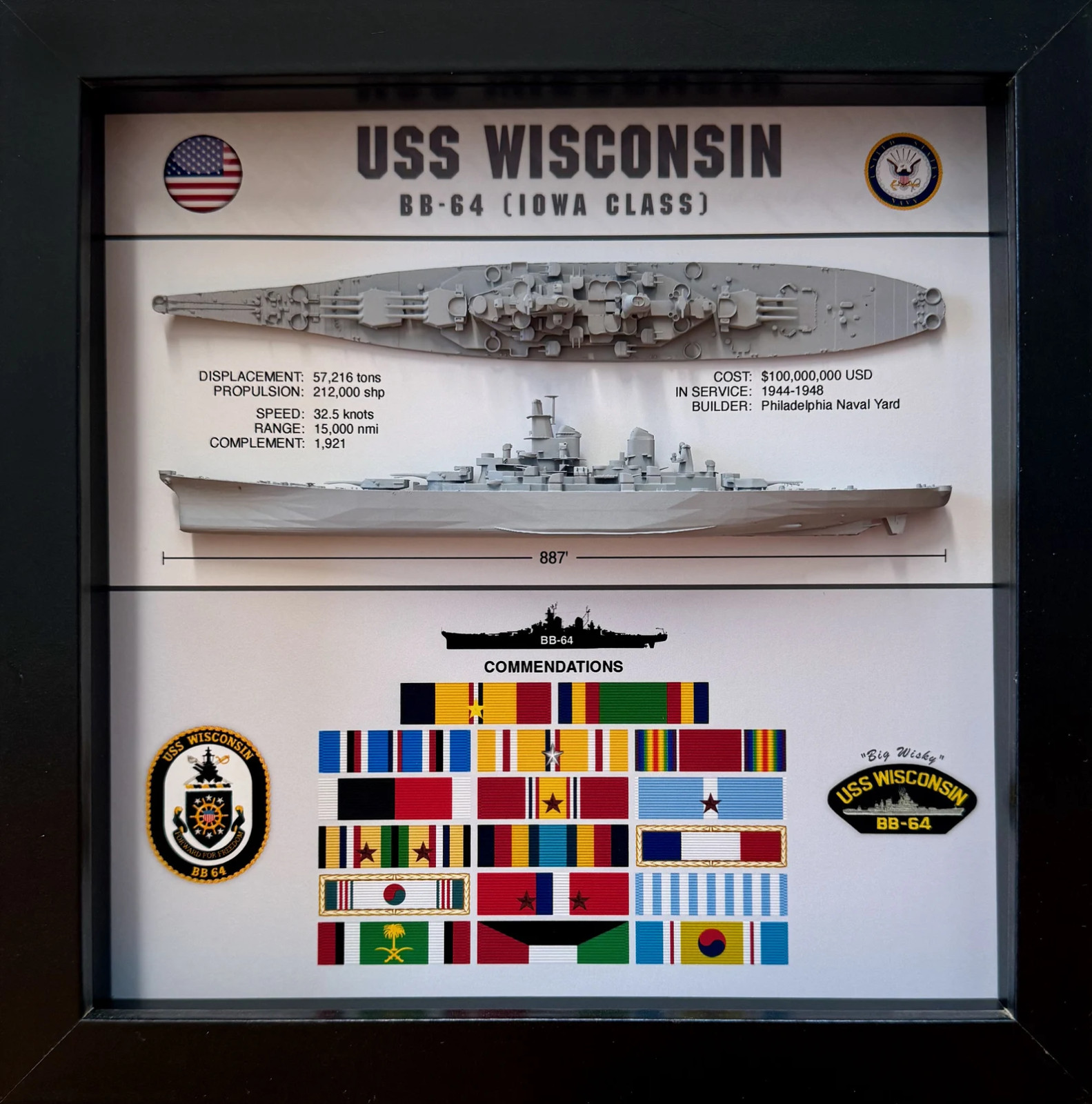 USS Wisconsin Display Box, BB-64, Iowa Class, WW2, 9 USS Wisconsin Display Box, BB-64, Iowa Class, WW2, 9
