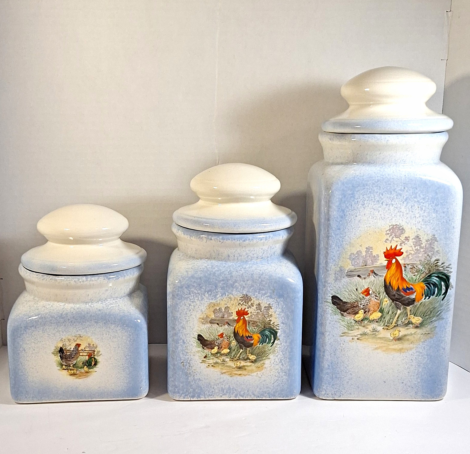 3-Piece Vintage Ceramic Canister Set With Painted Rooster & Chickens, Blue/white 3-Piece Vintage Ceramic Canister Set With Painted Rooster & Chickens, Blue/white