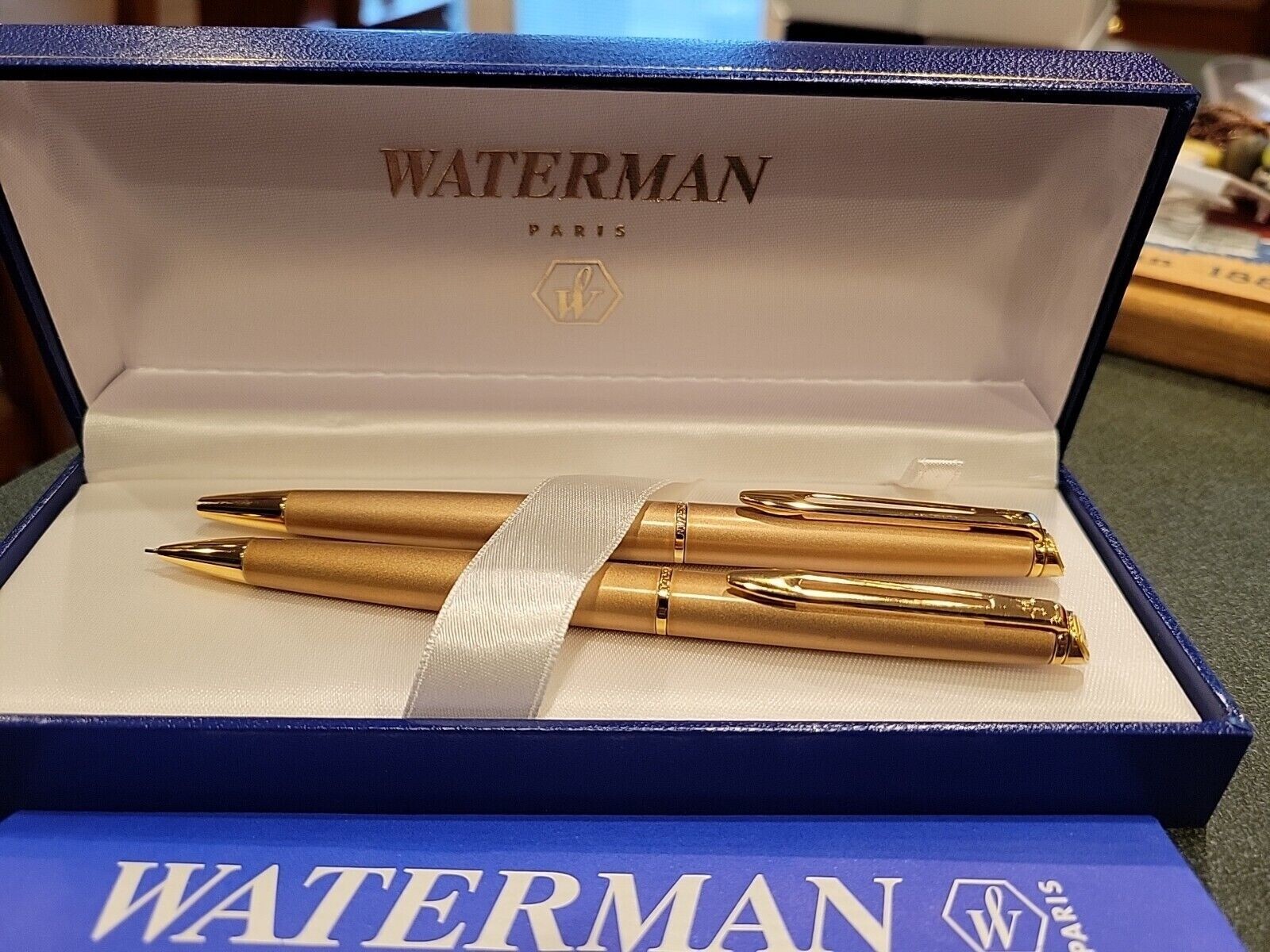 Waterman Gold Hemisphere Set Ballpoint Pen & 0.5 Pencil New In Box Engraved aam Waterman Gold Hemisphere Set Ballpoint Pen & 0.5 Pencil New In Box Engraved aam