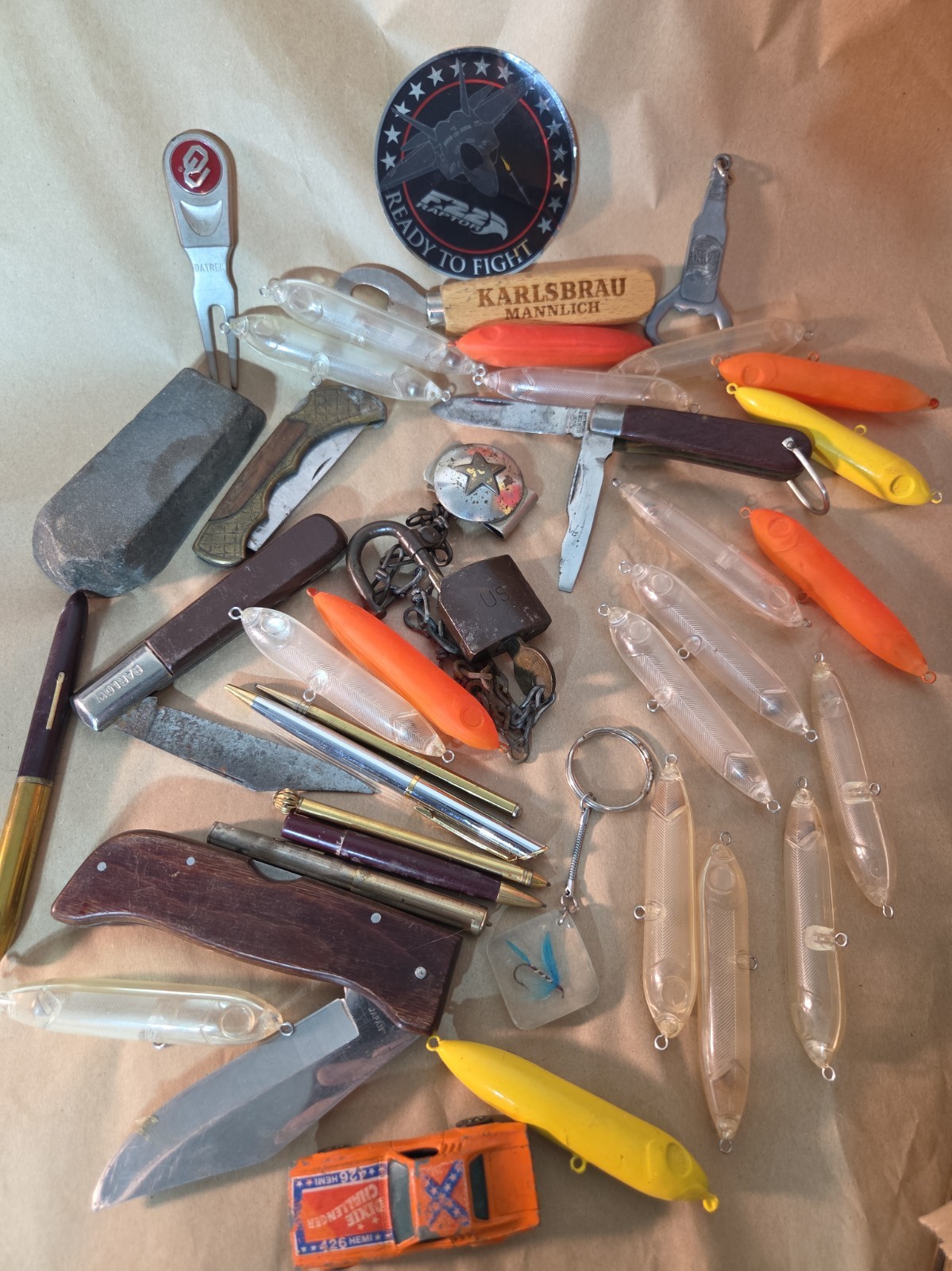 Vtg Estate JUNK DRAWER LOT Knife Lures Barware Lock Keychain Hot Wheels Variety 