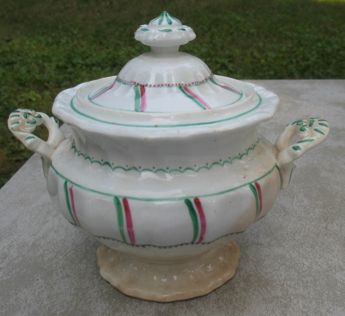 Ant. 1800s Staffordshire? Porcelain Hand Painted Large Covered Sugar