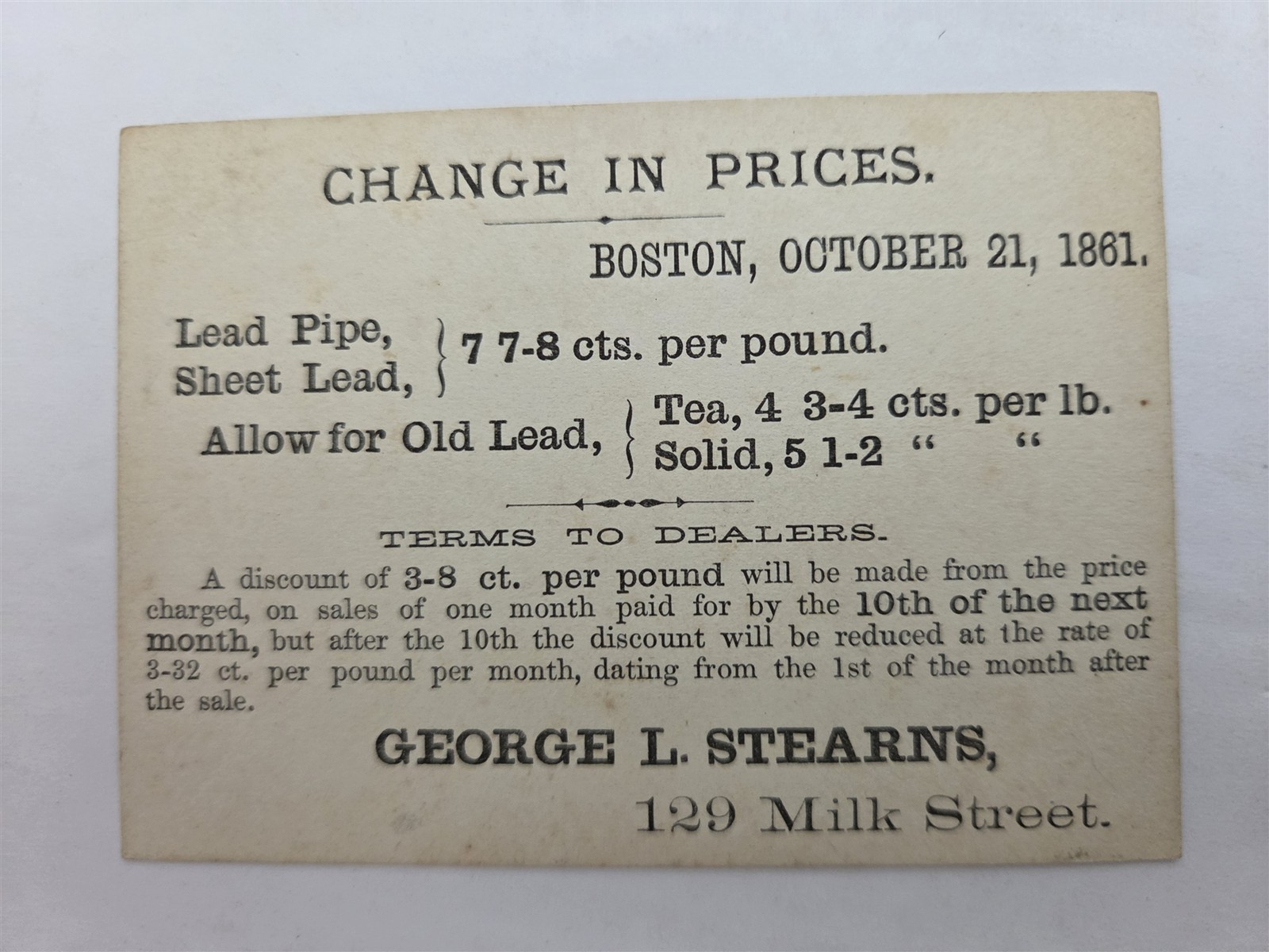 1861 antique GEORGE L STEARNS boston ma LEAD PIPE PRICE LIST trade card 7⅞c