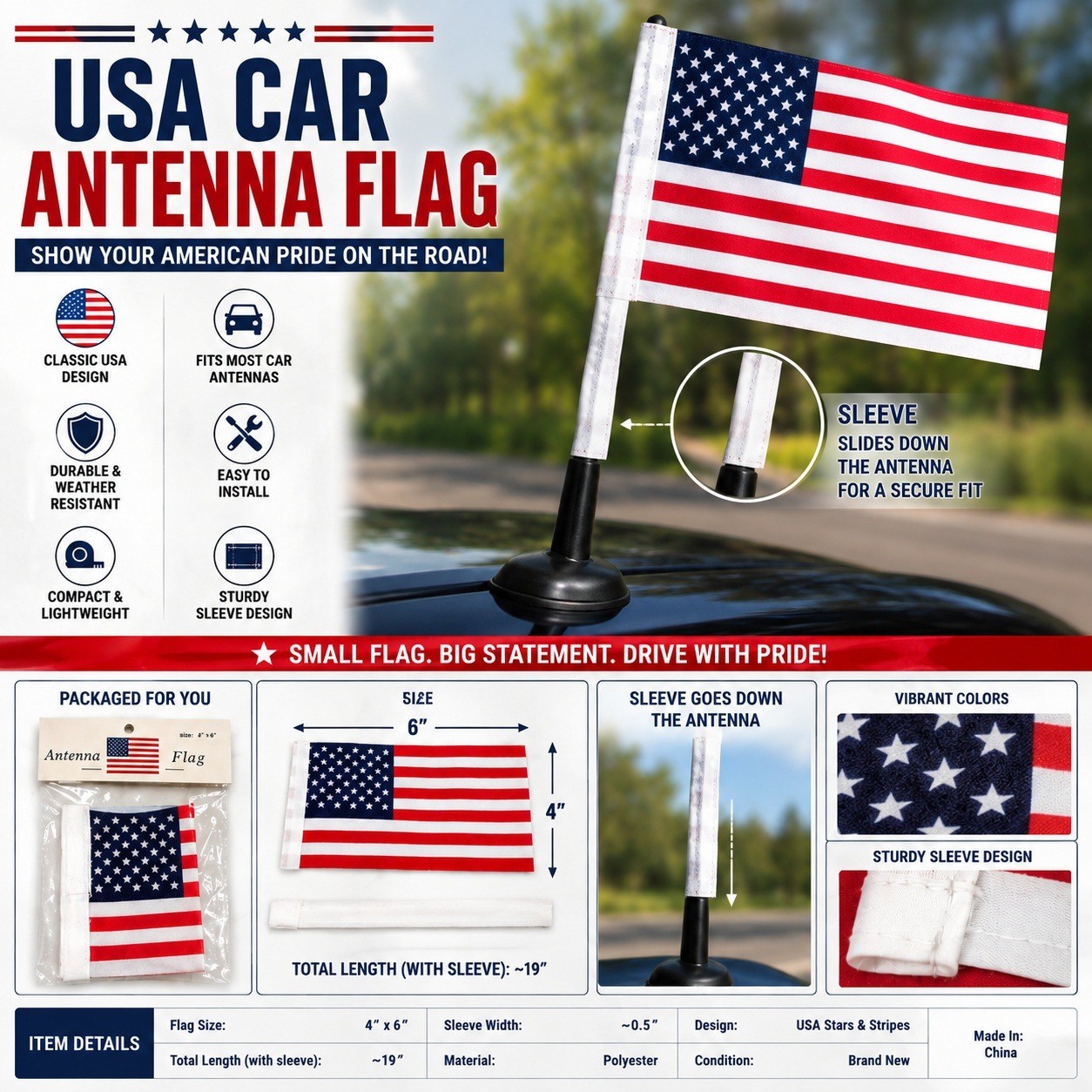 USA Car Antenna Flag 4x6 American Stars and Stripes Durable Polyester Sleeve USA Car Antenna Flag 4x6 American Stars and Stripes Durable Polyester Sleeve