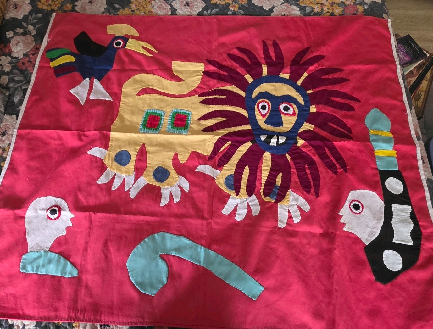 Vintage West Africa FON Appliqué Lion King Patchwork Hand Sewn Textile Tapestry Vintage West Africa FON Appliqué Lion King Patchwork Hand Sewn Textile Tapestry