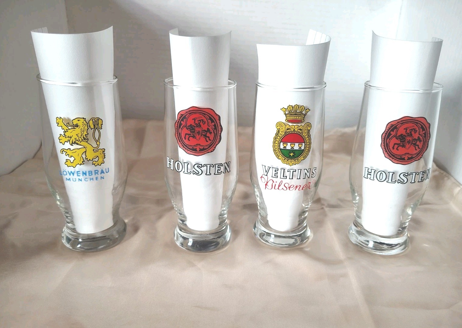 Vtg. German Beer Glass Lot Lowenbrau Holsten Veltins Pilsener Barware Set of 4 Vtg. German Beer Glass Lot Lowenbrau Holsten Veltins Pilsener Barware Set of 4