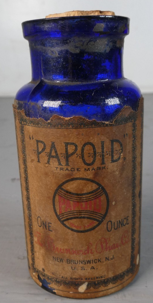 Antique PAPOID Bottle Apothecary, Brunswick Phar. Original Label - Cobalt Blue