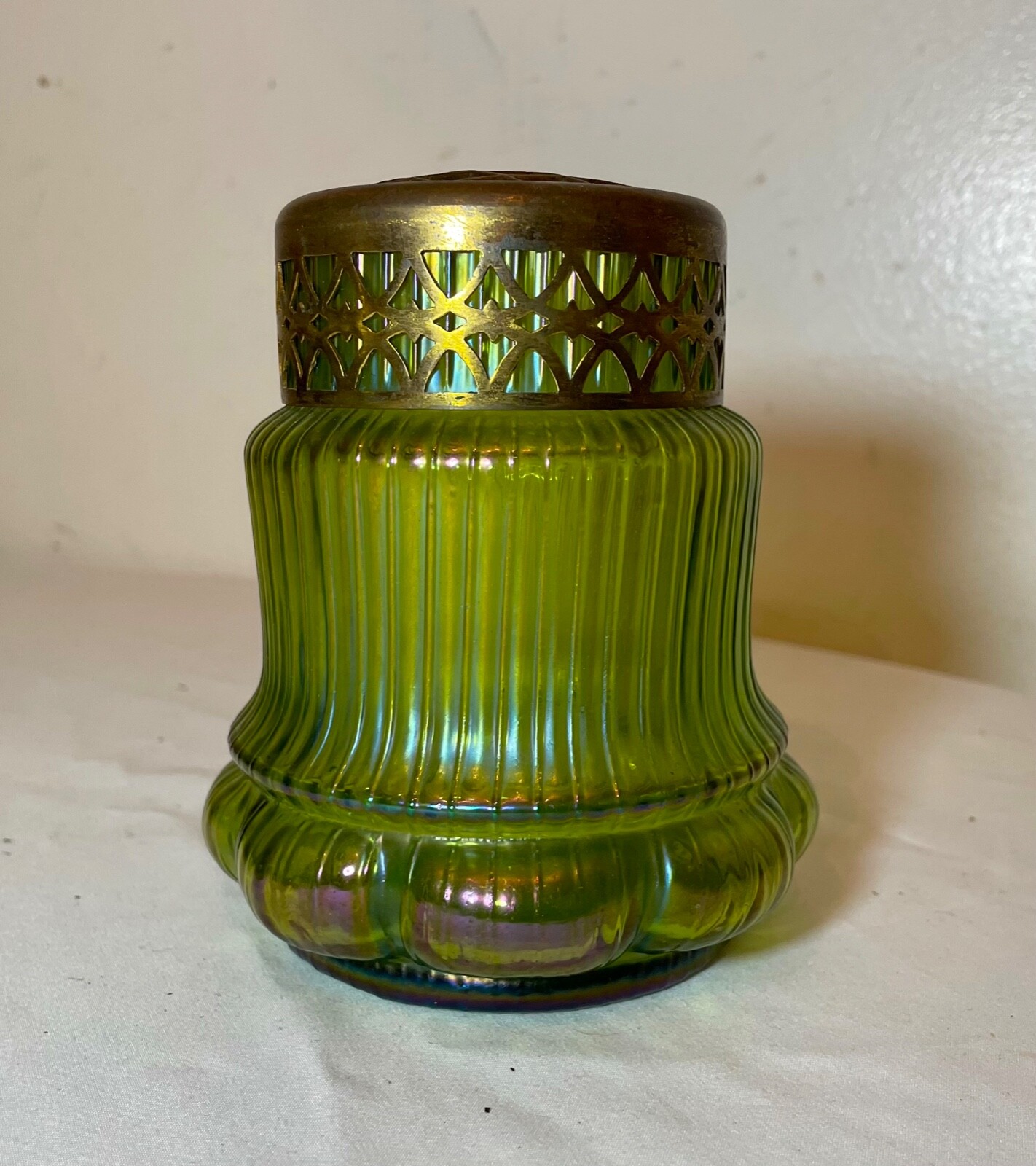 antique hand blown Bohemian Loetz bronze mounted green glass potpourri jar vase antique hand blown Bohemian Loetz bronze mounted green glass potpourri jar vase