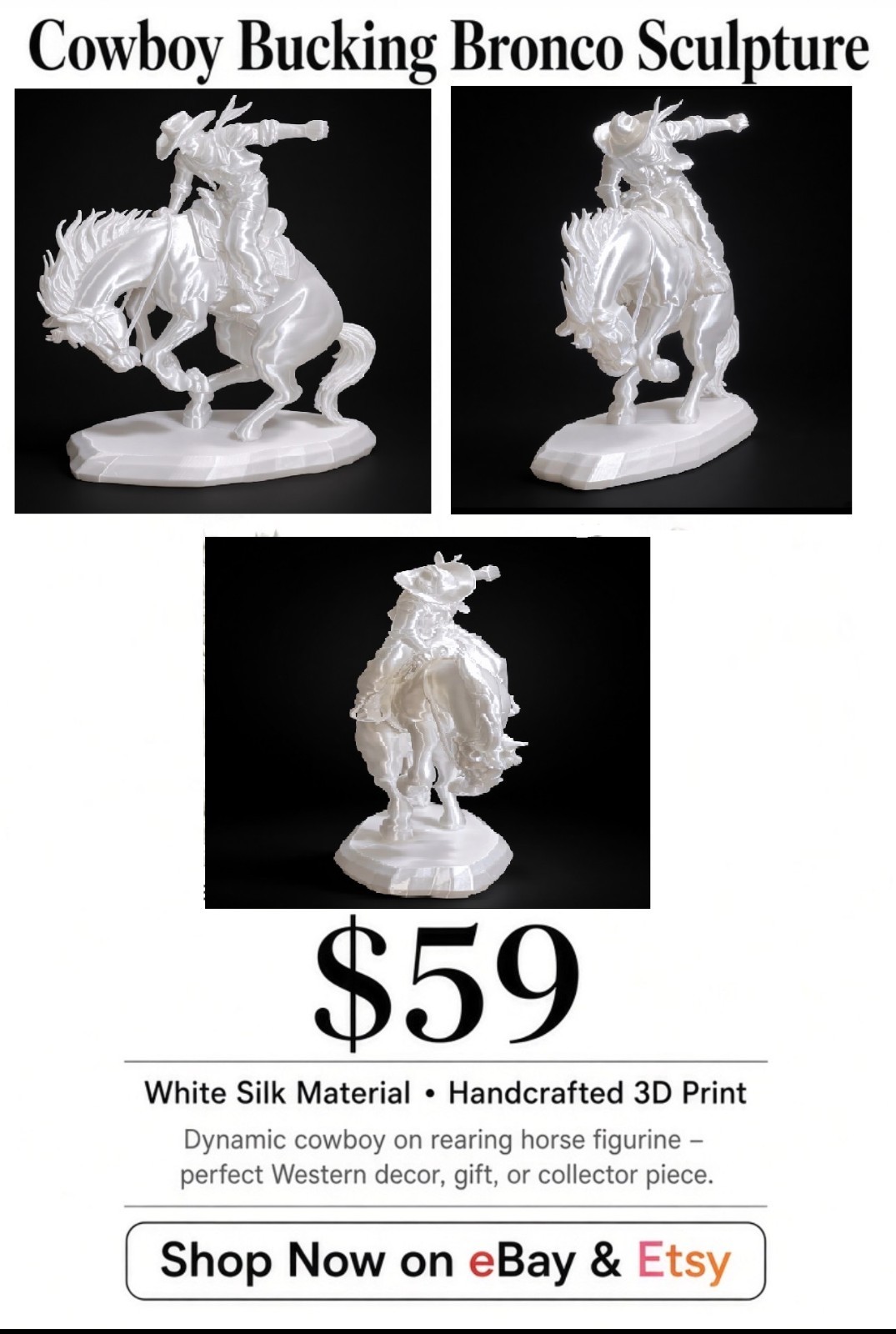 Cowboy Bucking Bronco Sculpture – White Silk 3D Print