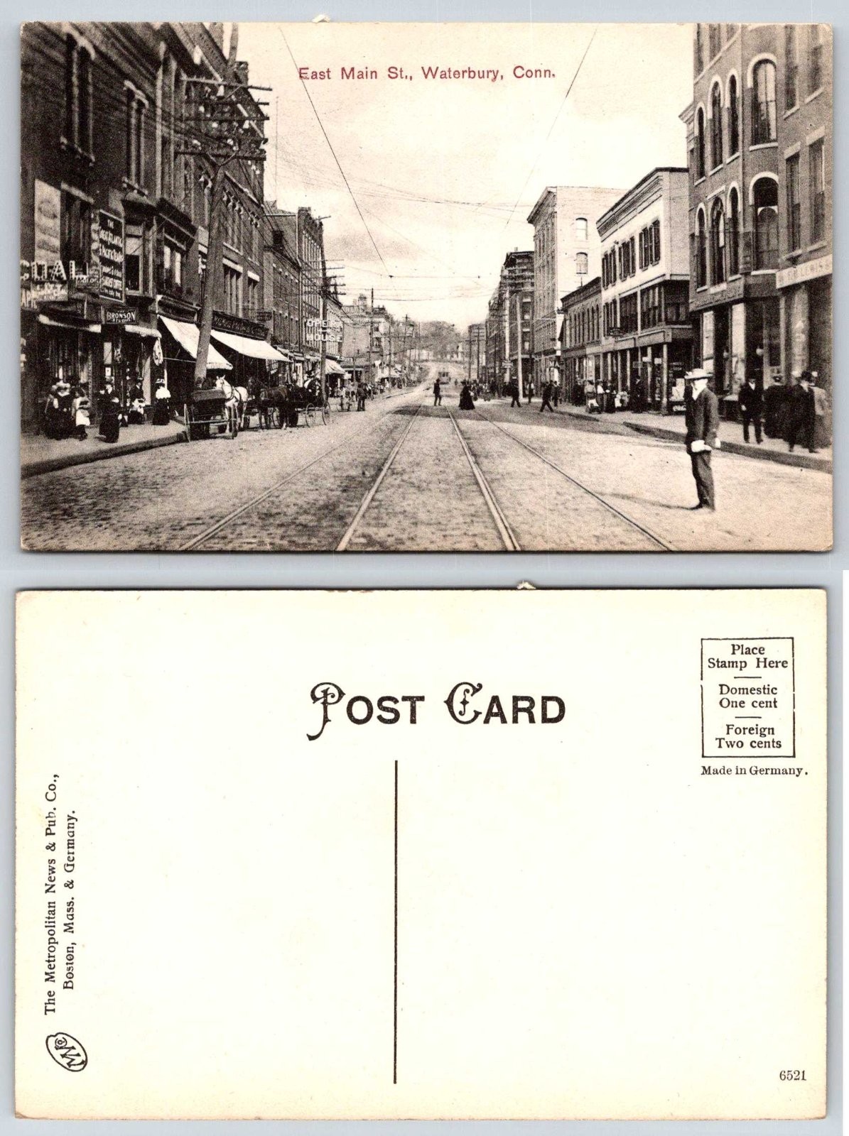 East Main Street Waterbury Connecticut Horse Trolley Tracks Postcard AY134