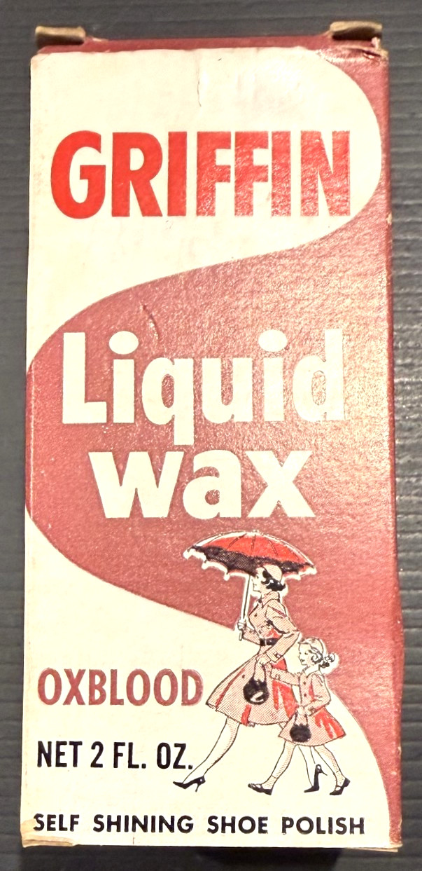 Vintage 1960s Griffin Liquid Wax Oxblood Shoe Polish Box & Bottle NOS Drugstore