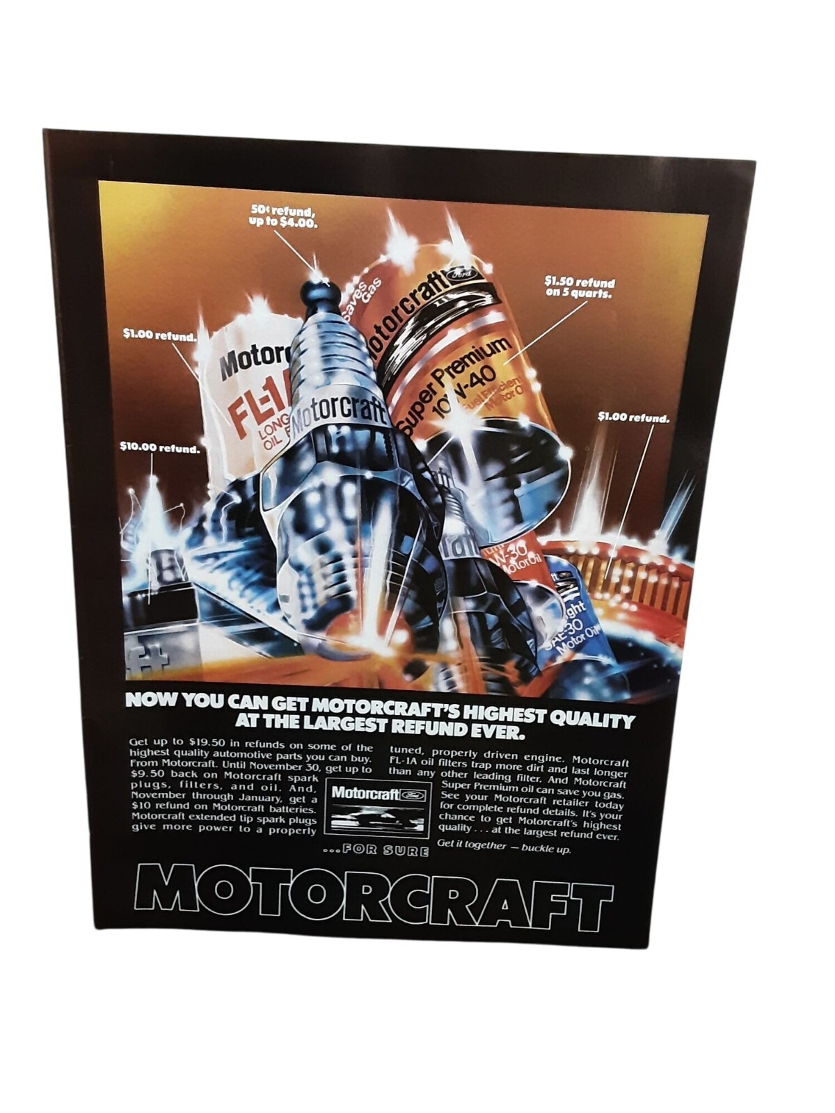1982 Vintage Motorcraft Spark Plug Oil Ad Ford Auto Parts Refund Promo Print