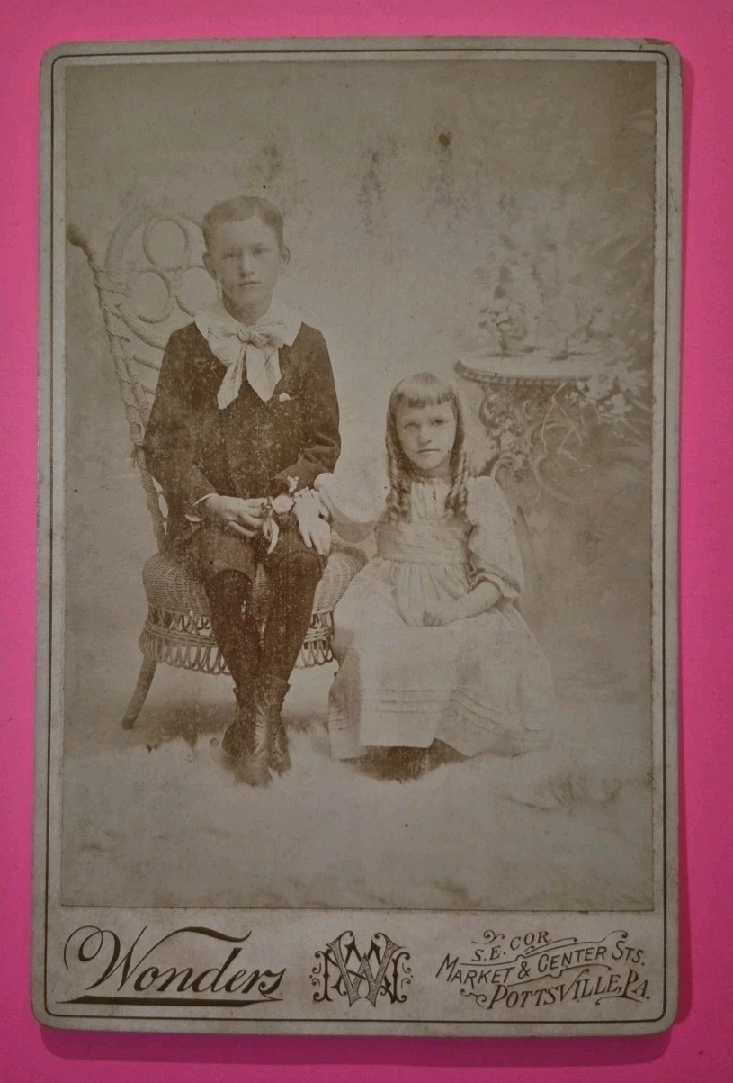 Antique c1880s-90s Cabinet Card Older Adorable Brother And Sister Pottsville PA