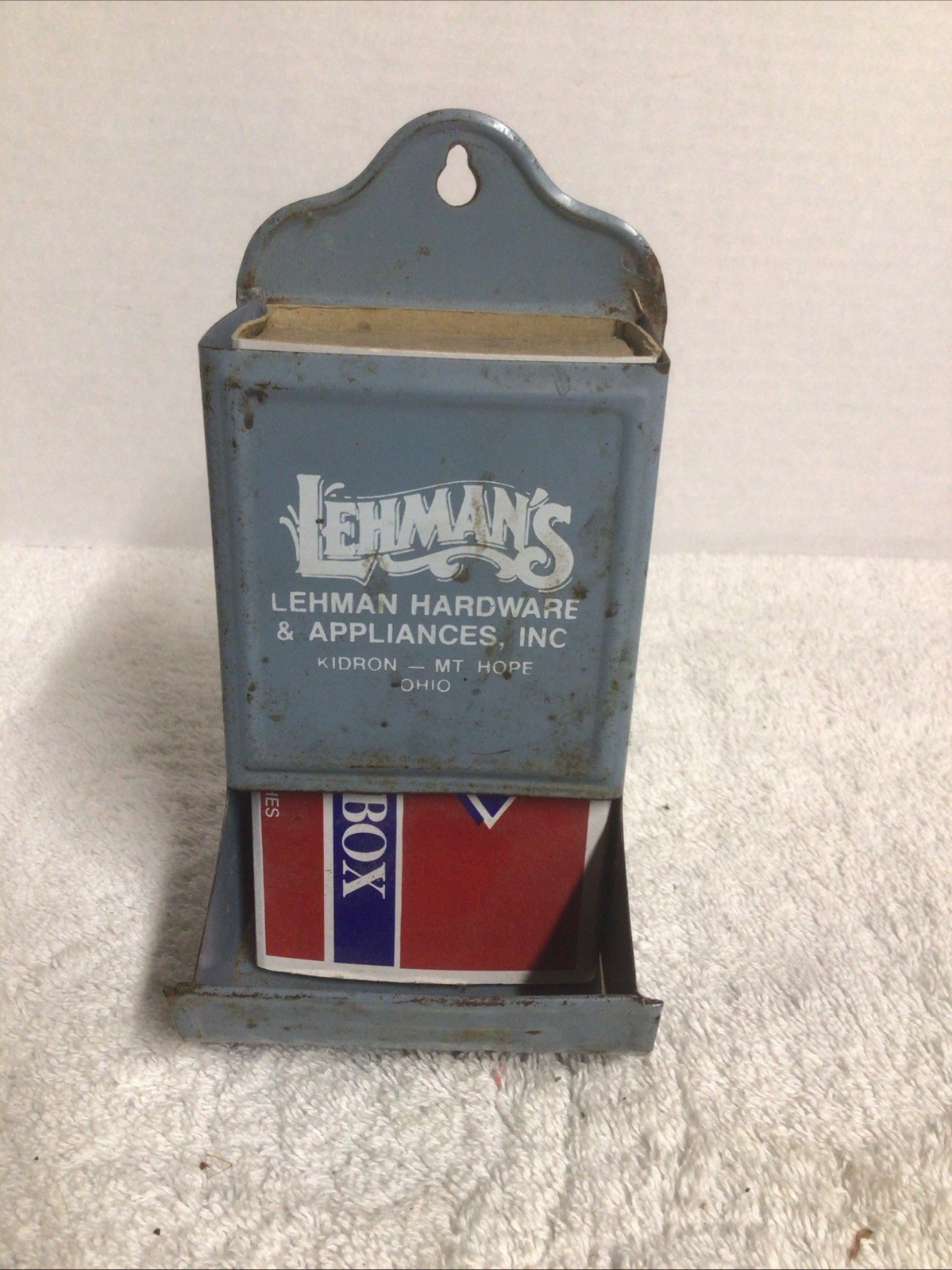 VINTAGE TIN LITHO MATCH SAFE HOLDER ADVERTISING Lehman Hardware Kidron Ohio