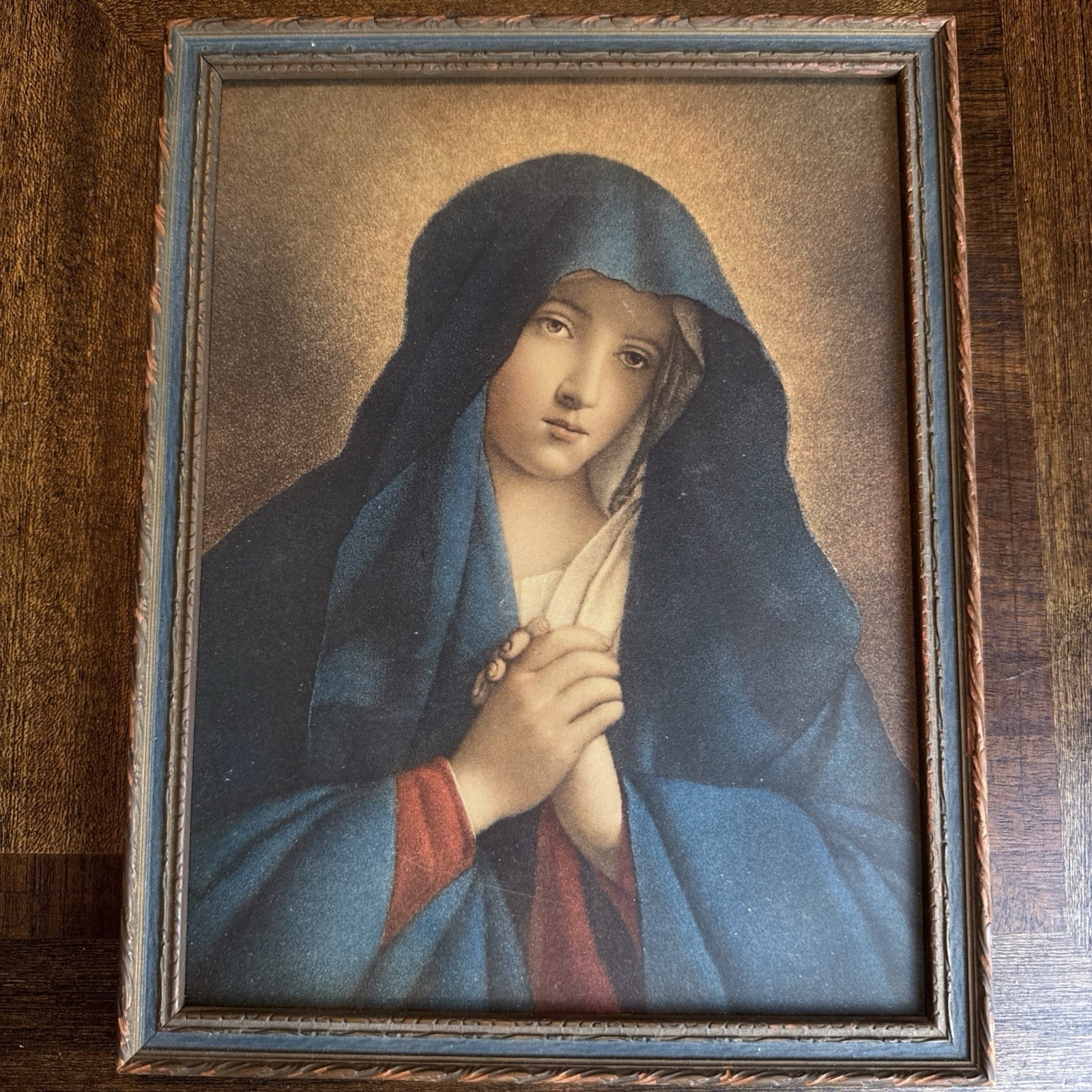 Mid Century Portrait of Madonna in Prayer Sassoferrato Framed Wood Panel Print