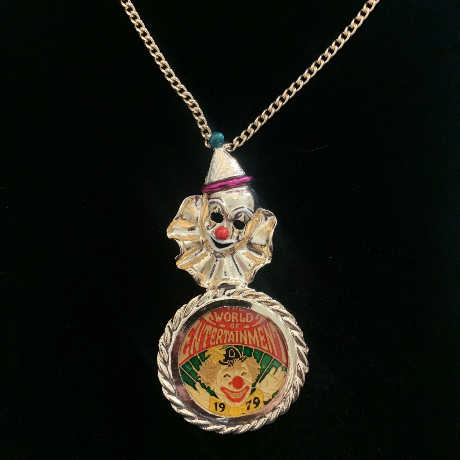Vintage Krew Shangri-La Pendant Necklace Clown Mardi Gras Favor 1979 Coin Bezel 