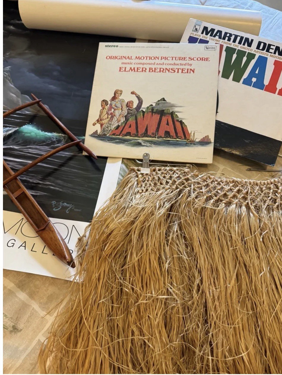 Vintage 1940s1960s Hawaiian Mid-Century Collectibles Lot Hula Skirt, Canoe Music