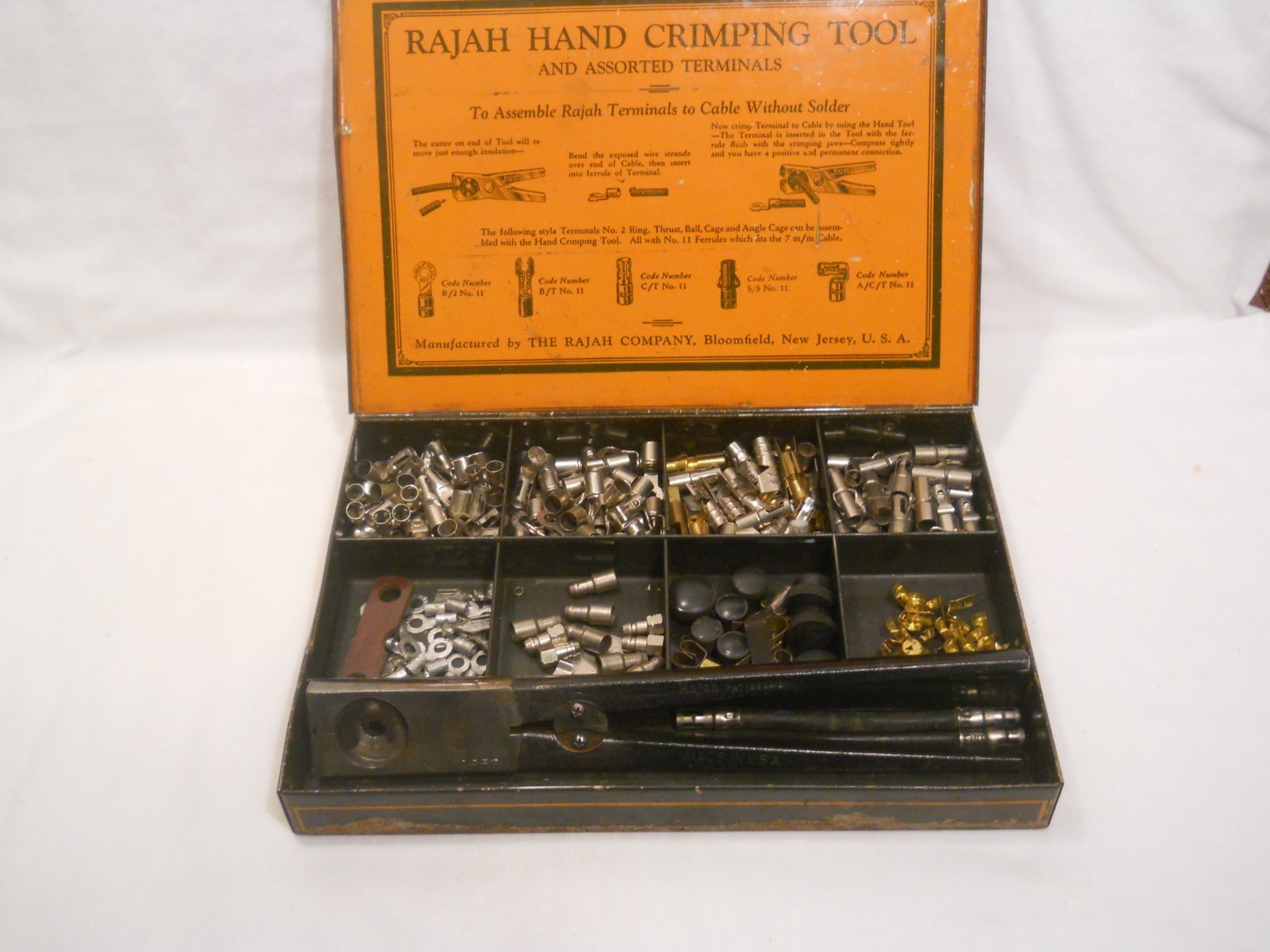 Vintage RAJAH Terminals & Hand Crimping Tool 9-Compartment Tin w Orig. Parts