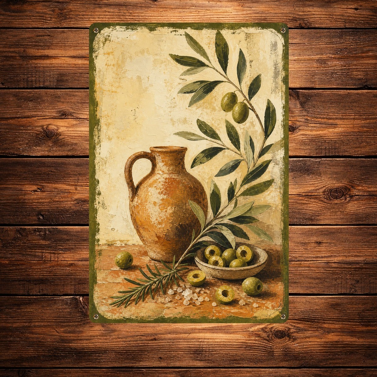 Painterly Mediterranean Olive Branch Still Life Art Metal Tin Sign