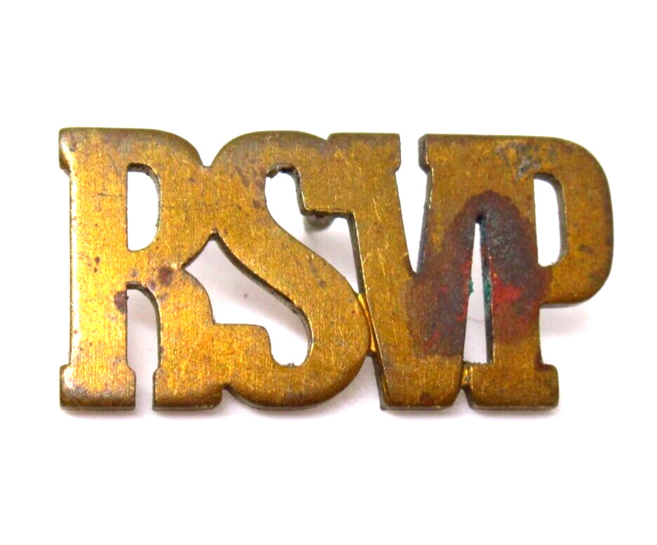 RSVP Metal Lapel Pin Vintage Brass Tone Letters Badge Tarnished Patina RSVP Metal Lapel Pin Vintage Brass Tone Letters Badge Tarnished Patina
