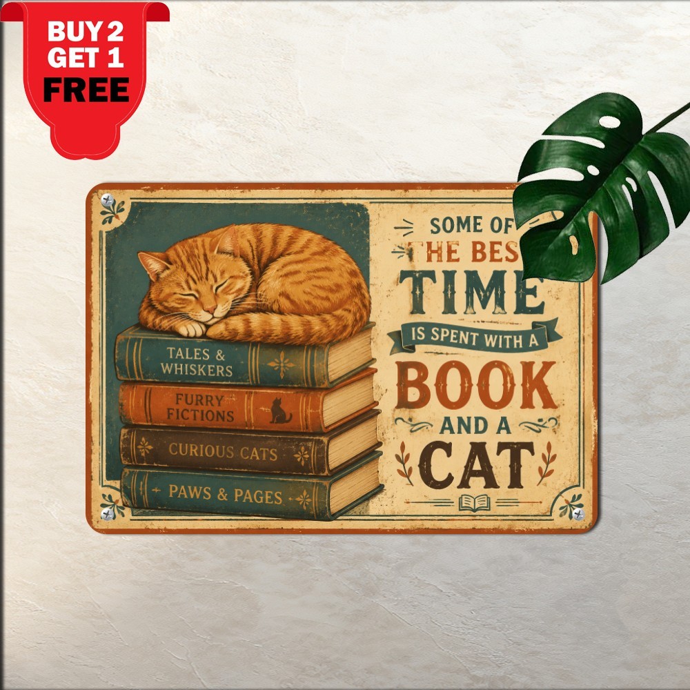 Books And Cats Lifelong Passion Tin Sign Cozy Library Wall Plaque 8x12 In
