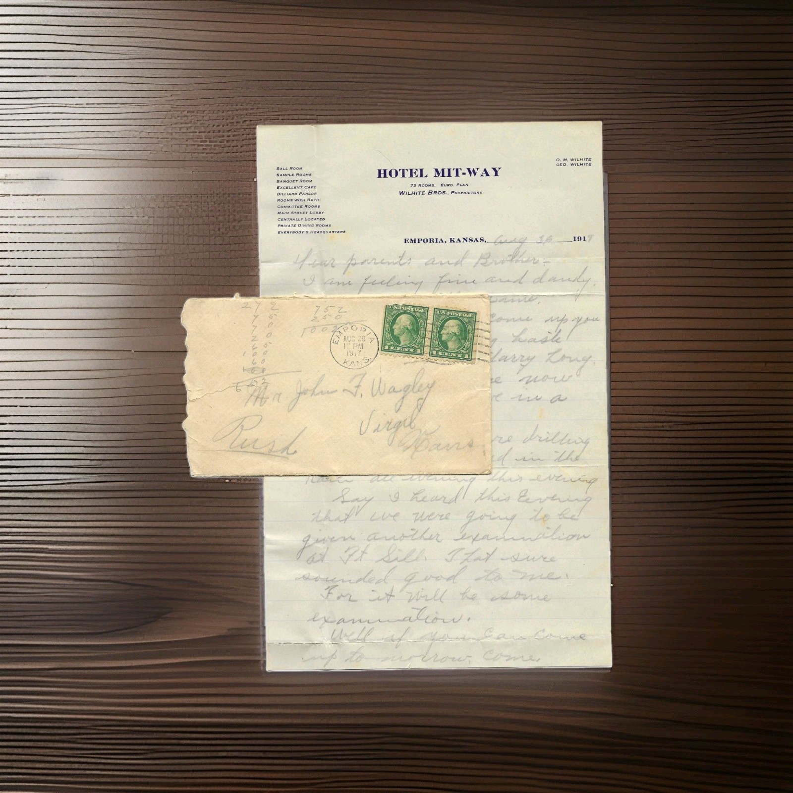 📦 ORIGINAL 1917 HOTEL MIT-WAY EMPORIA KANSAS LETTER & MATCHING POSTMARKED...