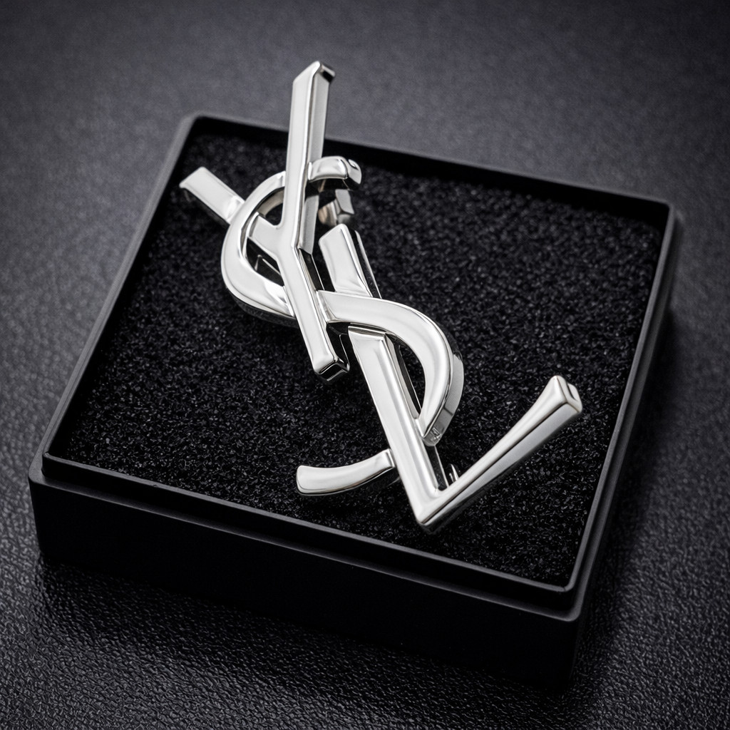 YSL Small Silver Brooch Hat Scarf Tie Collar Lapel Pin Saint Laurent Blazer Gift
