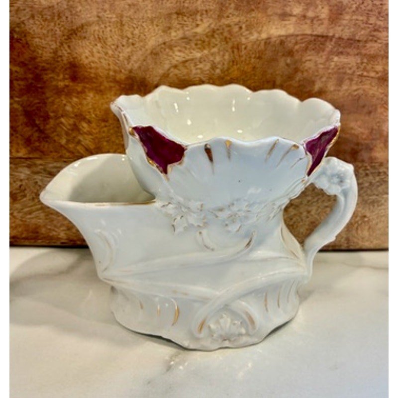 Antique 2 Chamber Shaving Scuttle Mug Art Nouveau Porcelain c1900 4”