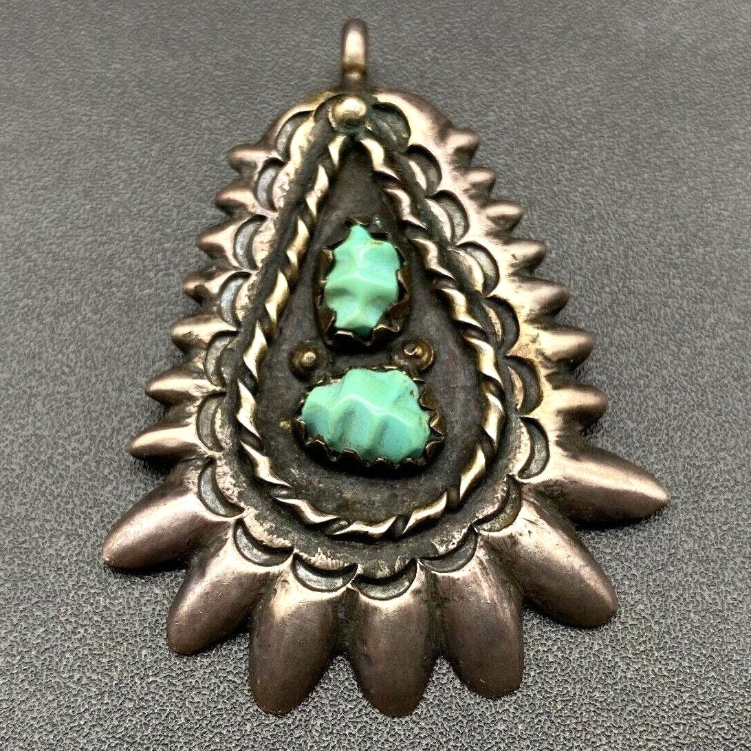 Vintage Navajo Native Turquoise Sandcast Hand Stampwork Silver Pendant