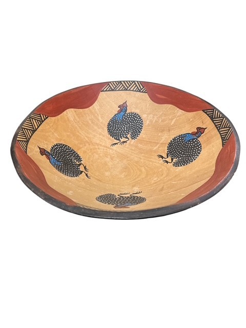 Lg Vintage, handmade, and hand-painted African Wooden Bowl, Guinea Fowl Motif Lg Vintage, handmade, and hand-painted African Wooden Bowl, Guinea Fowl Motif