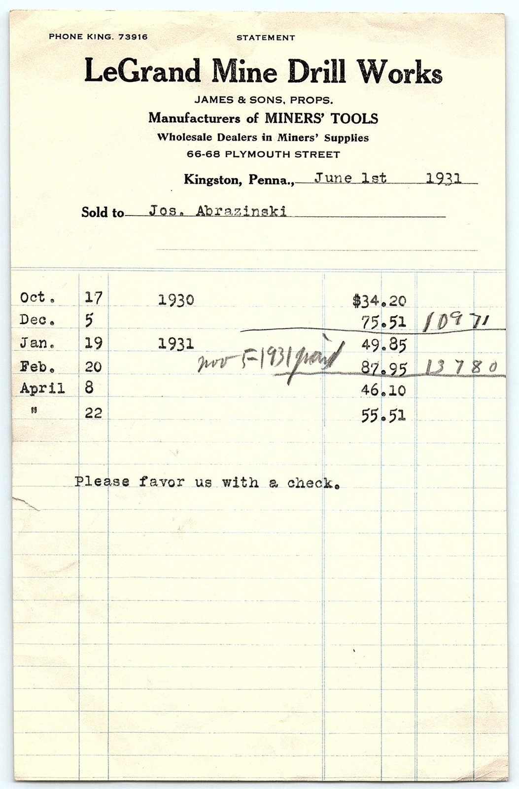 1931 LeGrand Mine Drill Works Statement, Kingston, PA 1931 LeGrand Mine Drill Works Statement, Kingston, PA