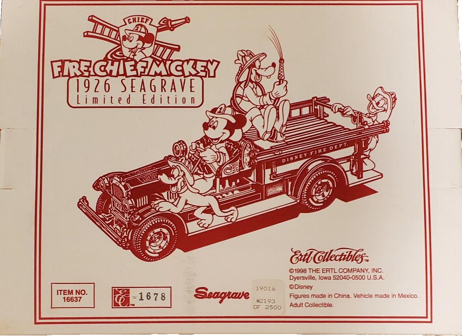 DISNEY 1926 FIRE CHEF MICKEY SEAGRAVE DIECAST METAL FIRE TRUCK NIB, COA LIMITED DISNEY 1926 FIRE CHEF MICKEY SEAGRAVE DIECAST METAL FIRE TRUCK NIB, COA LIMITED