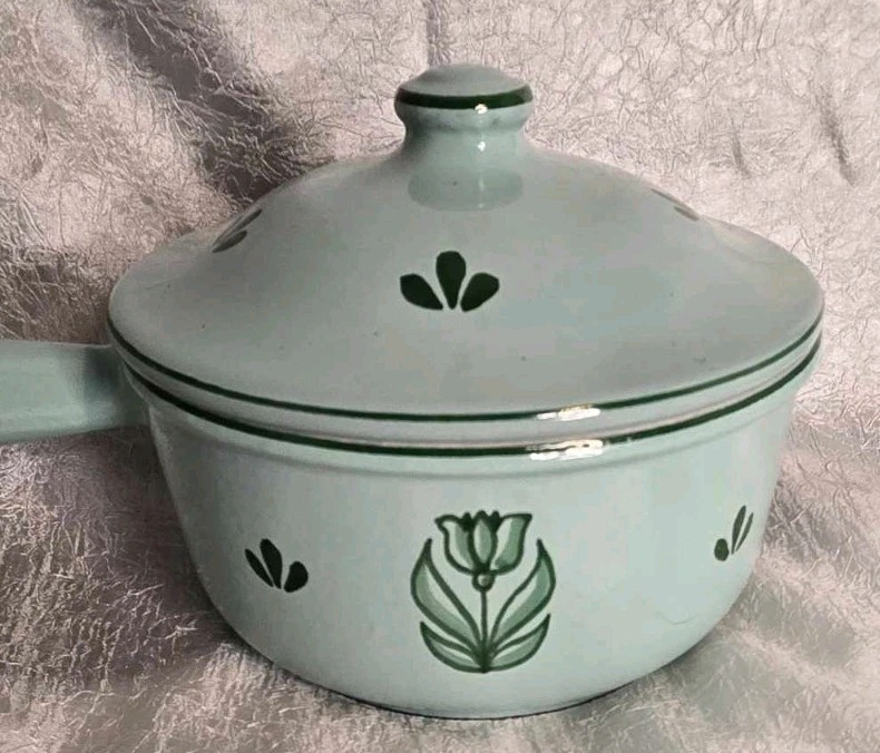 DRU Holland Enamel Cast Iron Sauce Pan & Lid Heavy Druware Green Tulips #16 Vtg.