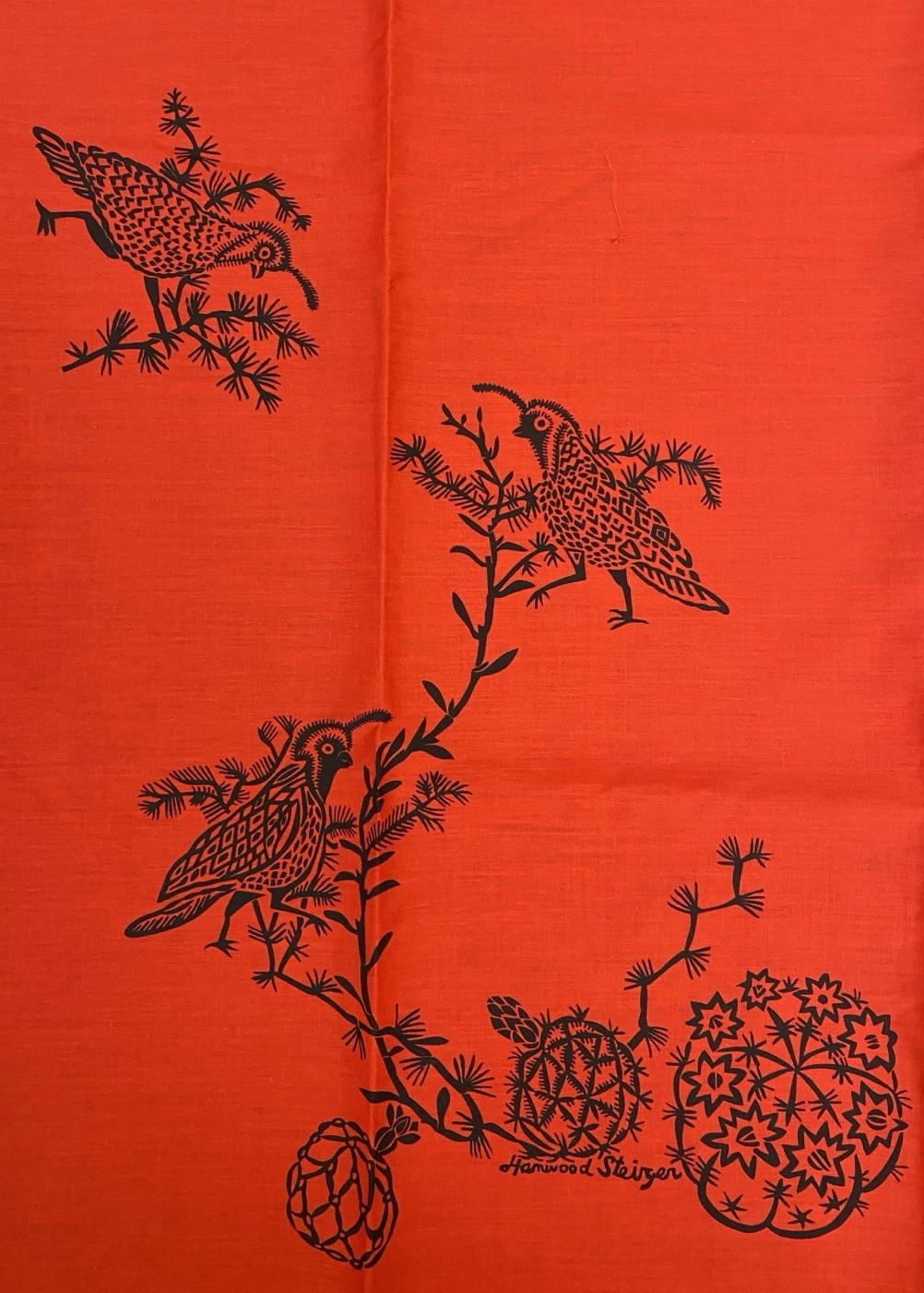 Vintage Harwood Steiger fabric 44x70 Cactus Quail Red Black Cotton