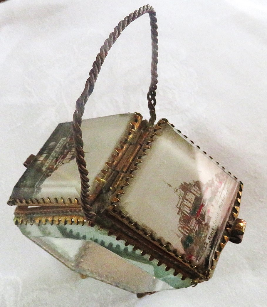 ANTIQUE GRAND TOUR SOUVENIR BASKET BOX BEVELED GLASS ORMOLU MONT ST MICHEL VGC ANTIQUE GRAND TOUR SOUVENIR BASKET BOX BEVELED GLASS ORMOLU MONT ST MICHEL VGC