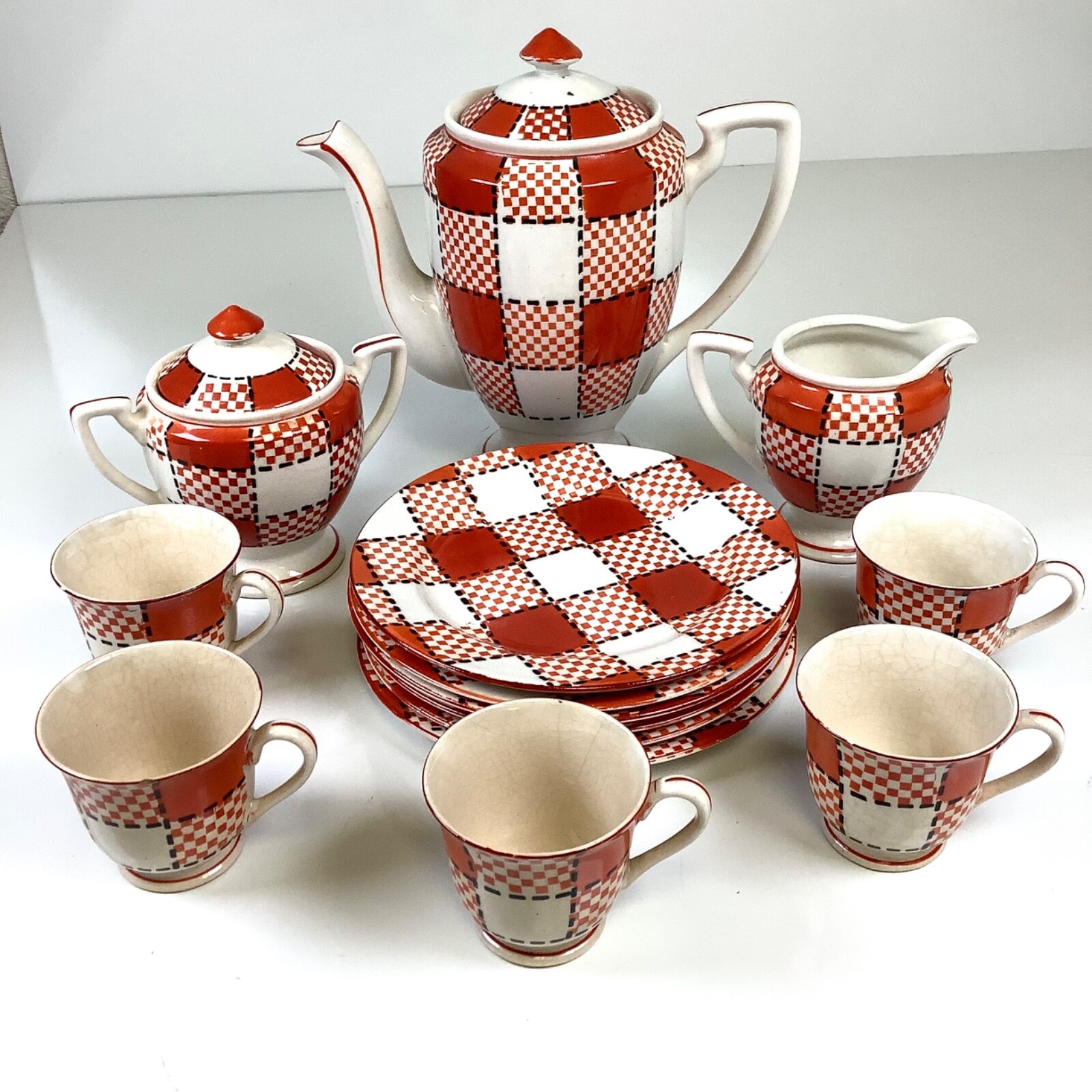 Vtg 14 Pc Set Kikusui Japan CHECKERS Red Orange Ceramic Pitcher Creamer ++ MCM Vtg 14 Pc Set Kikusui Japan CHECKERS Red Orange Ceramic Pitcher Creamer ++ MCM