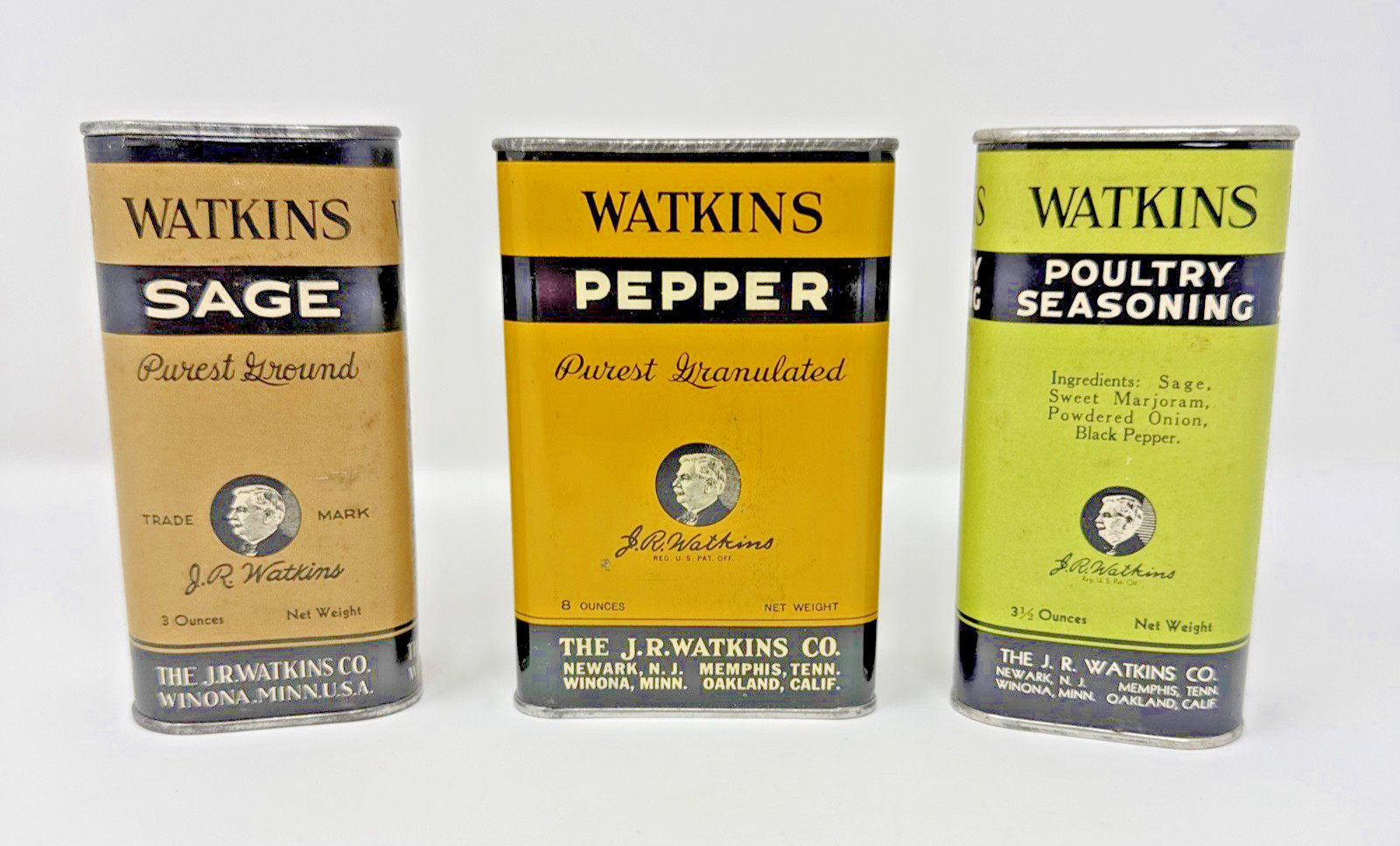Vintage JR Watkins Spice Tins Sage Pepper Poultry Seasoning Full Lot of 3
