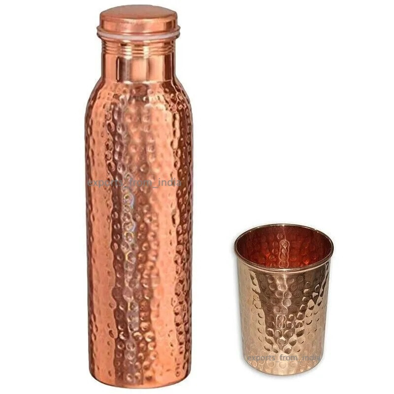 100% Pure Copper Hammered Water Bottle 1000 ml 1 Drinking Tumbler Glass 300 ml