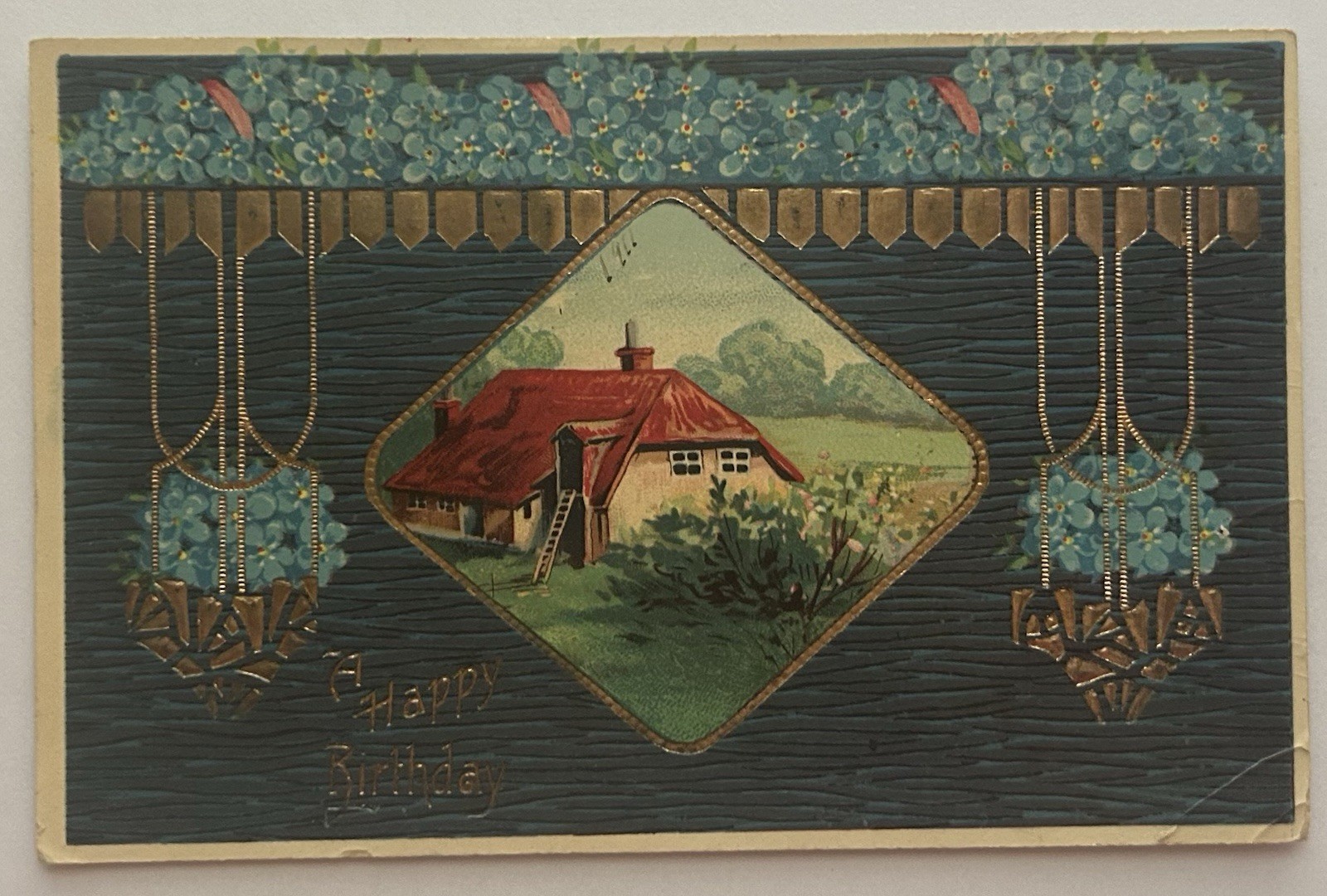 Antique 1910s Embossed Birthday Postcard Cottage Scene Flowers Gold Gilt Antique 1910s Embossed Birthday Postcard Cottage Scene Flowers Gold Gilt