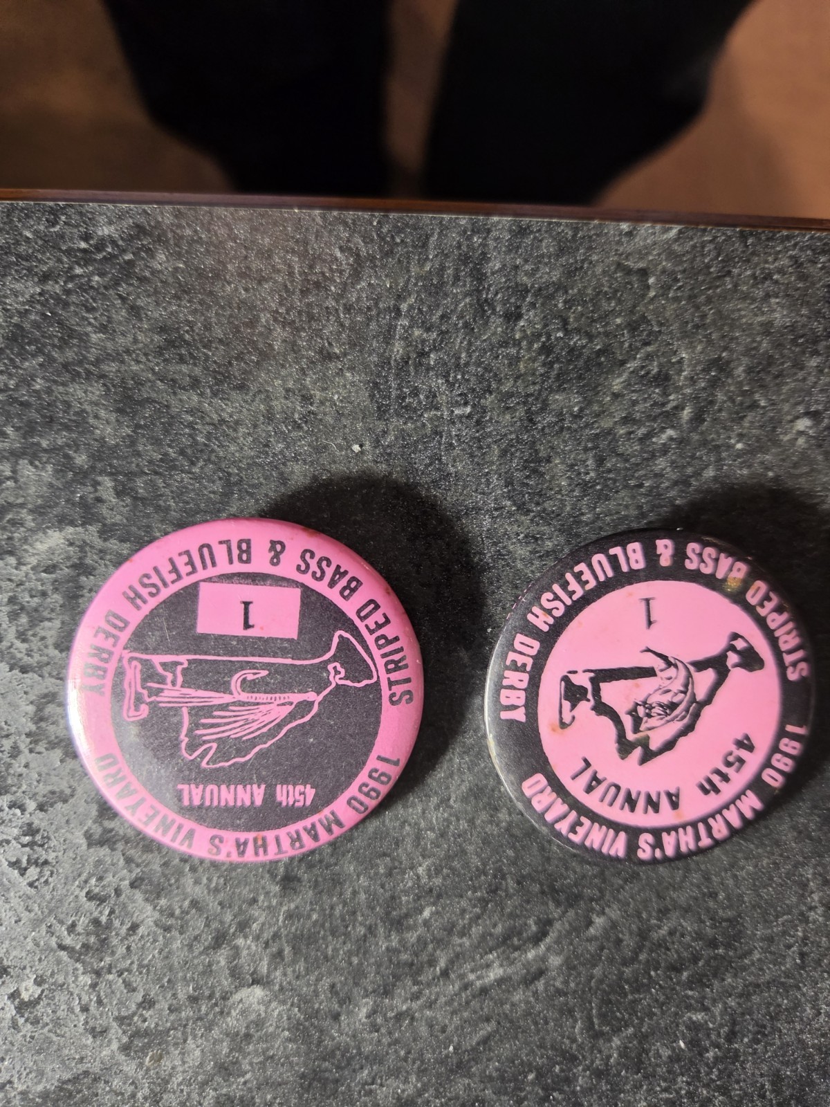 2x 1990 Martha\'s Vineyard 45th Annual Striped Bass & Bluefish Derby Pinbacks