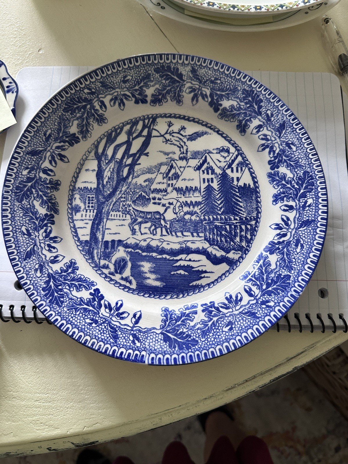 ANTIQUE BLUE/WHITE TRANSFERWARE PLATE JAPAN MADE VILLAGE SCENE ANTIQUE BLUE/WHITE TRANSFERWARE PLATE JAPAN MADE VILLAGE SCENE