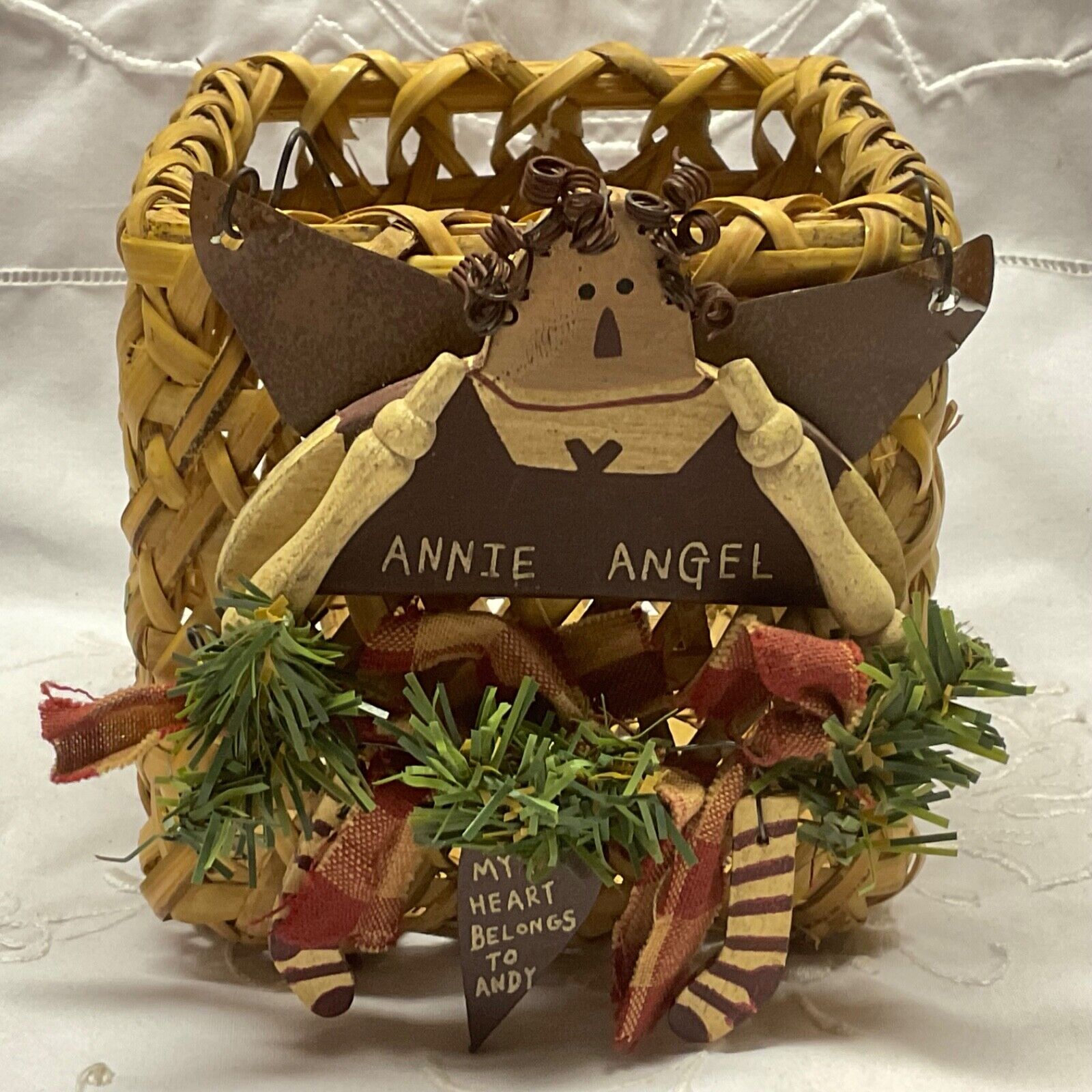 PRIMITIVE ANNIE ANGEL SMALL BASKET “MY HEART BELONGS TO ANDY” 4x4x4 in.