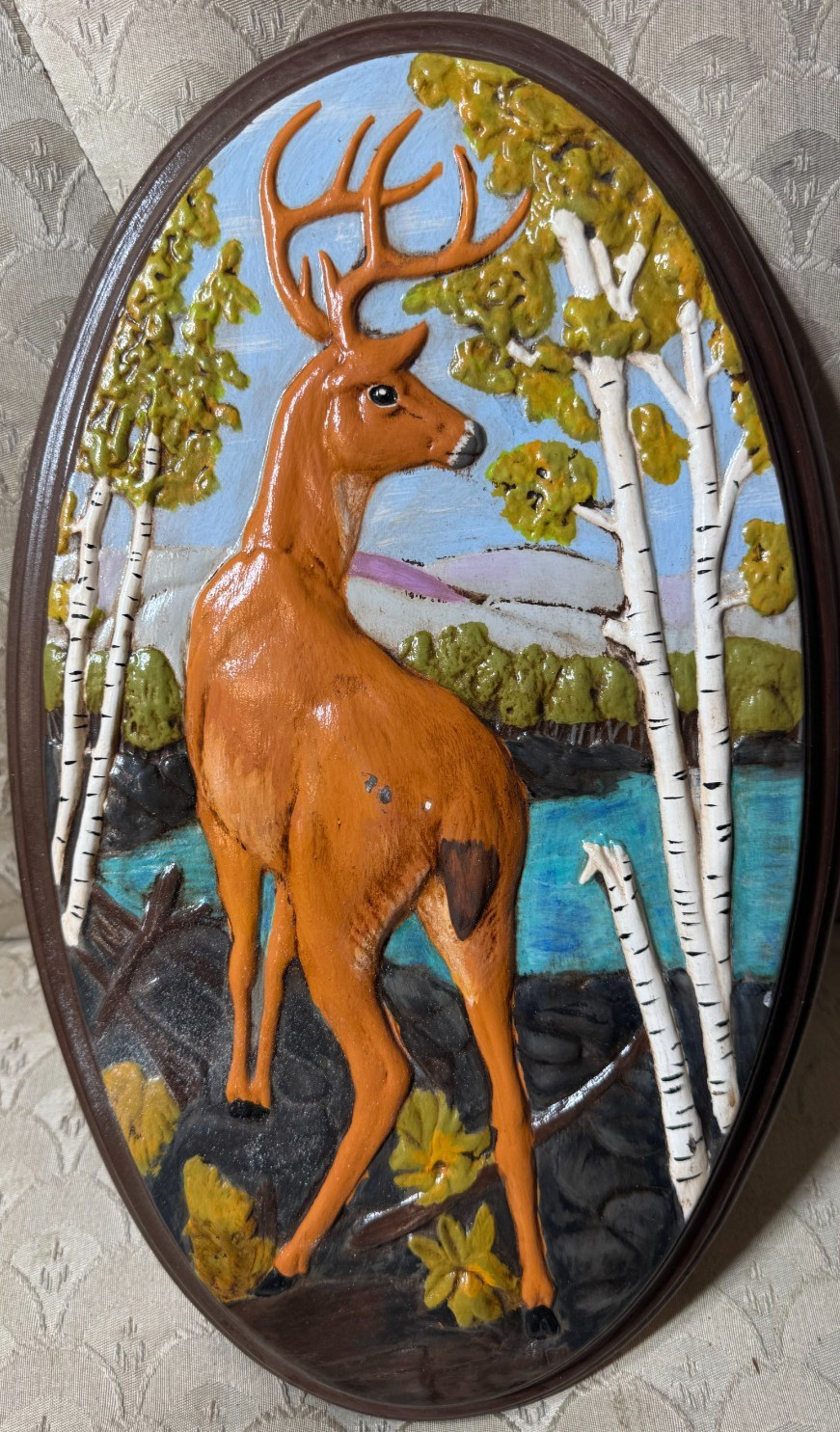1975 Holland Mold Deer In Landscape 3D Ceramic Wall Plaque Hand Painted Signed