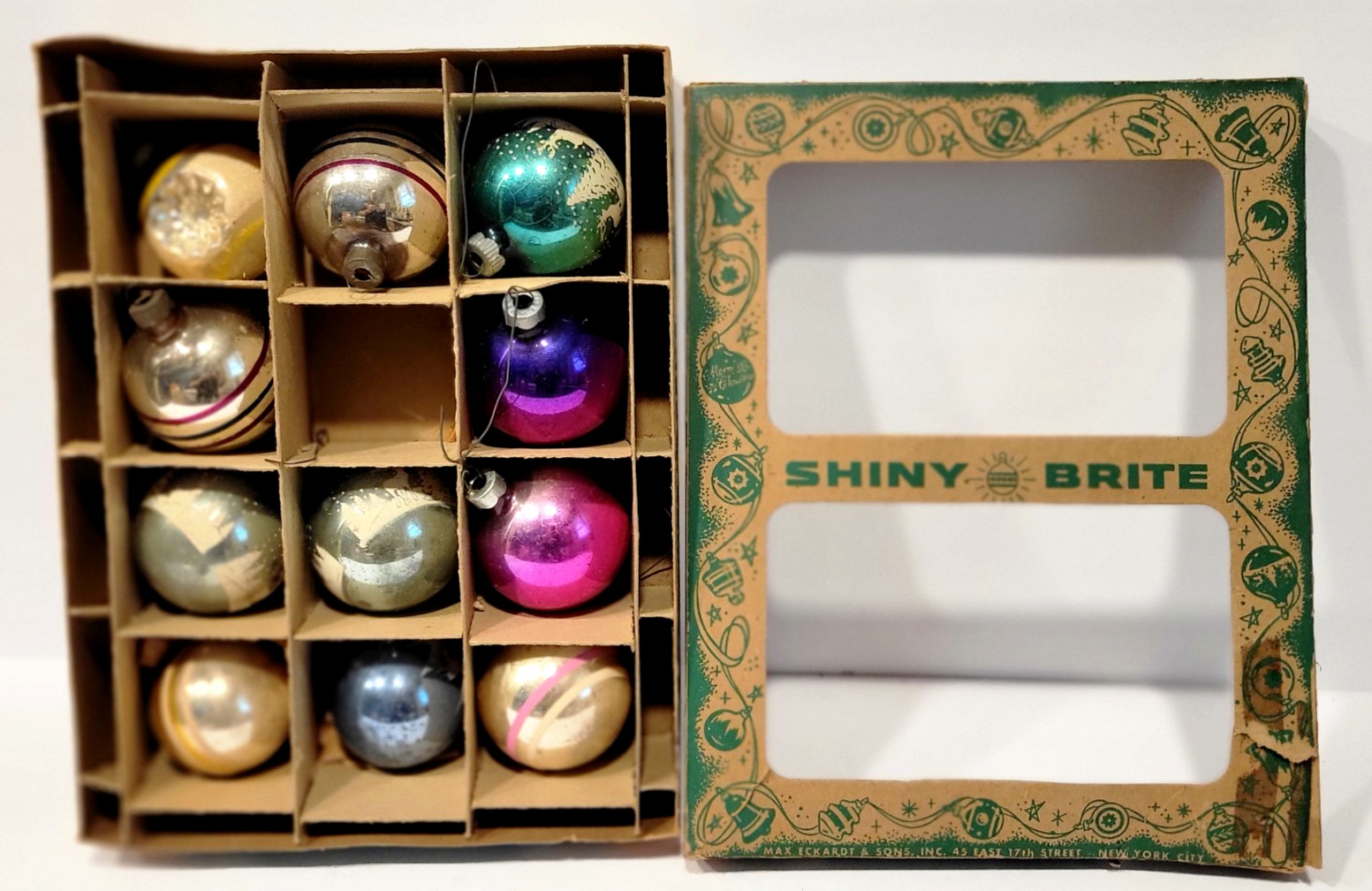 Vintage Box & 11 Old Shiny Brite Glass Ornament Balls Striped, Stenciled, Solids Vintage Box & 11 Old Shiny Brite Glass Ornament Balls Striped, Stenciled, Solids