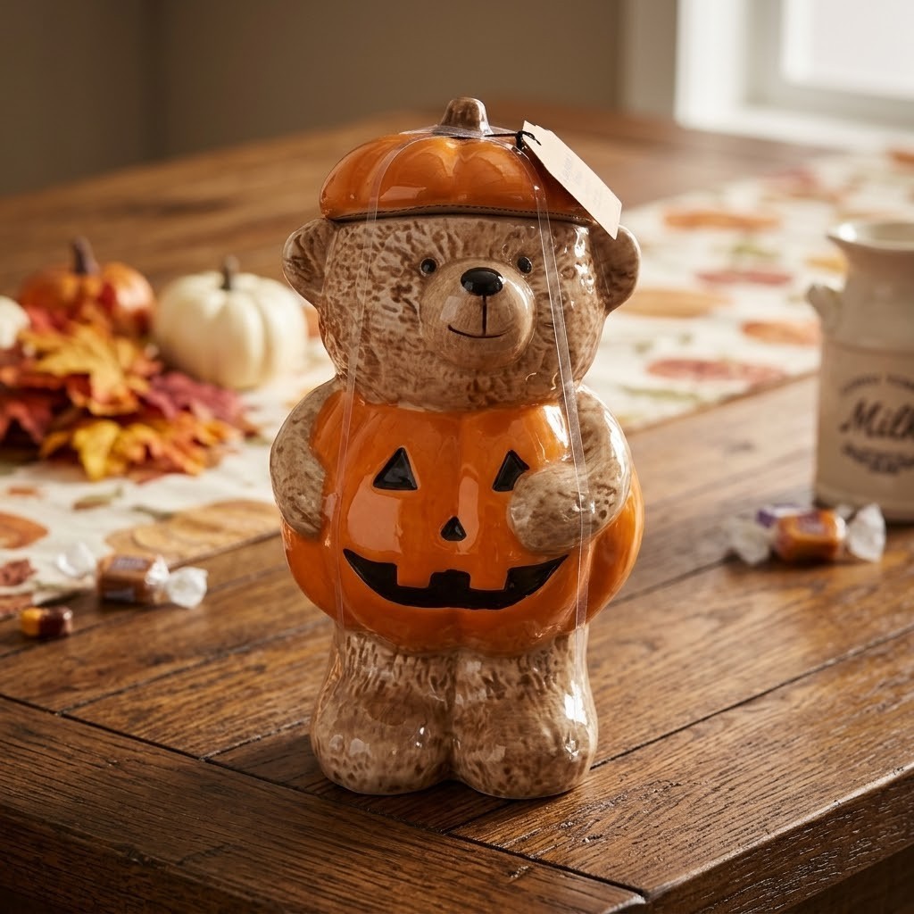 Creepy Critters Halloween Teddy Bear w/ Pumpkin Ceramic Cookie Jar