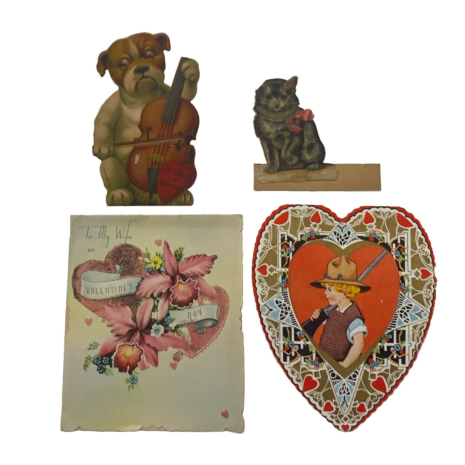 Lot Of 4 1920s-40s Valentine Die Cut Mechanical Bulldog Cello Cat Boy Hunter Lot Of 4 1920s-40s Valentine Die Cut Mechanical Bulldog Cello Cat Boy Hunter