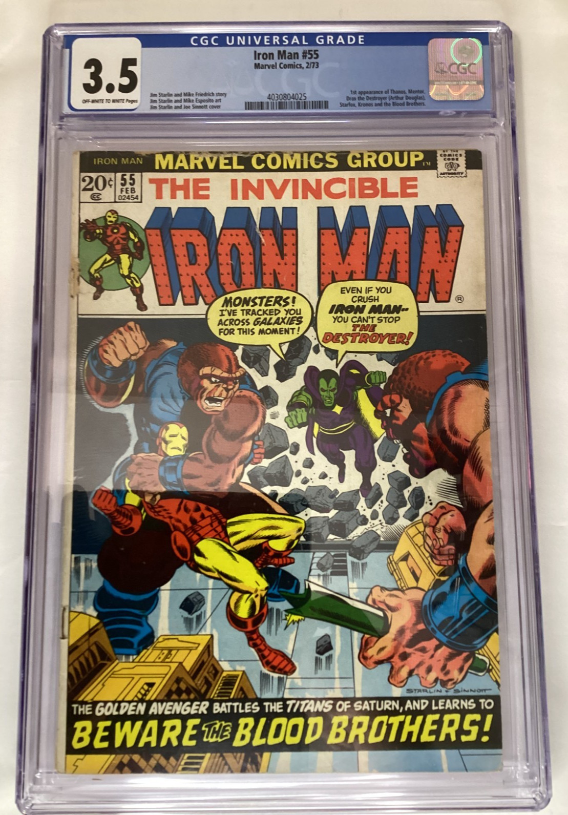The Invincible Iron Man #55 Feb 1973 1st Appearance of Thanos & Drax CGC 3.5 The Invincible Iron Man #55 Feb 1973 1st Appearance of Thanos & Drax CGC 3.5