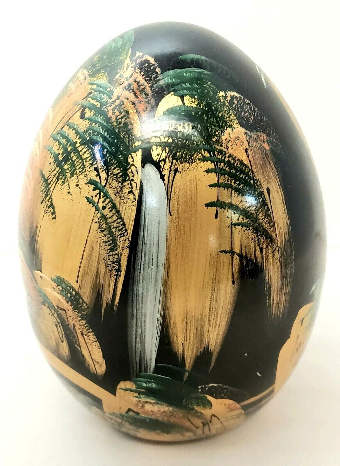 Asian Handpainted Ceramic Egg Black Gold Trimmed Pagoda Forest Waterfall  6.5\