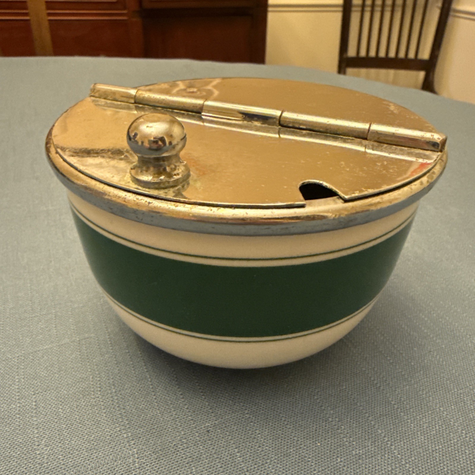 Vintage Made In USA Medco Sugar Bowl w/Metal Flip Top Green Stripe Vintage Made In USA Medco Sugar Bowl w/Metal Flip Top Green Stripe