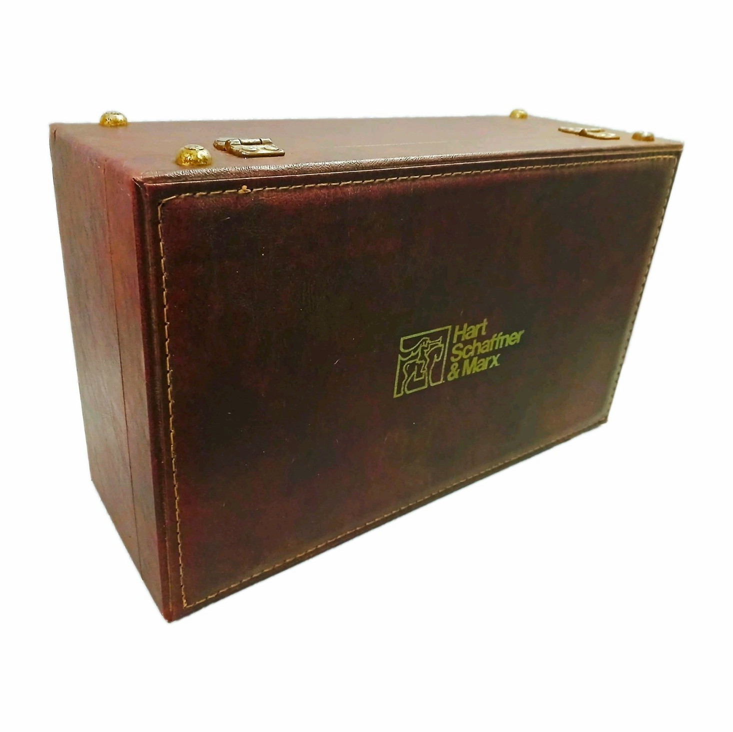 Hart Schaffner & Marx Brown Leather Advertising Storage Box Lidded Latch Hart Schaffner & Marx Brown Leather Advertising Storage Box Lidded Latch