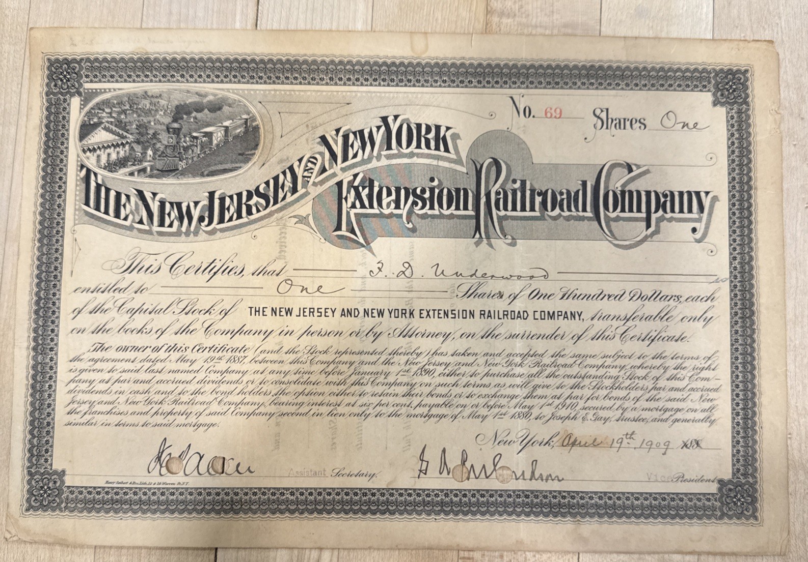 1909 New Jersey & New York Extension RR Stock Certificate Issued F.D. Underwood